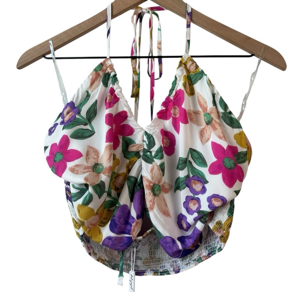 Petal And Pup‎ Womens Top XL Crop Halter Floral Tie Smock V Neck New With Tag